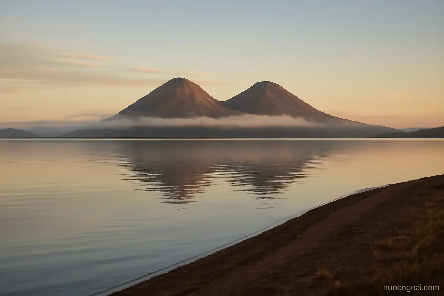 A long freshwater lake with twin volcanic cones rising from an island, low cloud and a wide flat shoreline at dawn