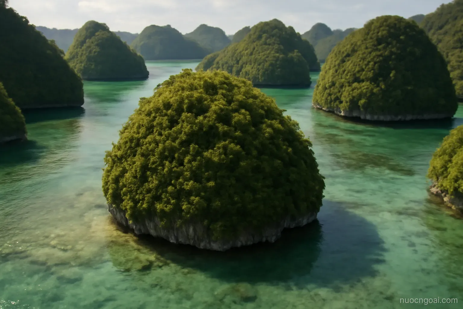 Rounded limestone islets covered in jungle rising from clear shallow water in a maze of channels