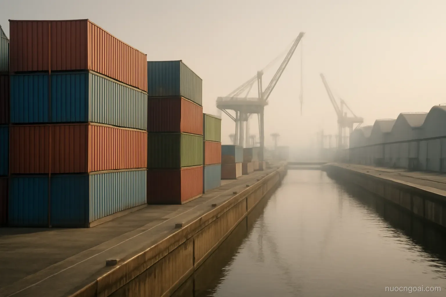Stacked shipping containers beside a wide canal lock, cranes and warehouse roofs in humid morning light