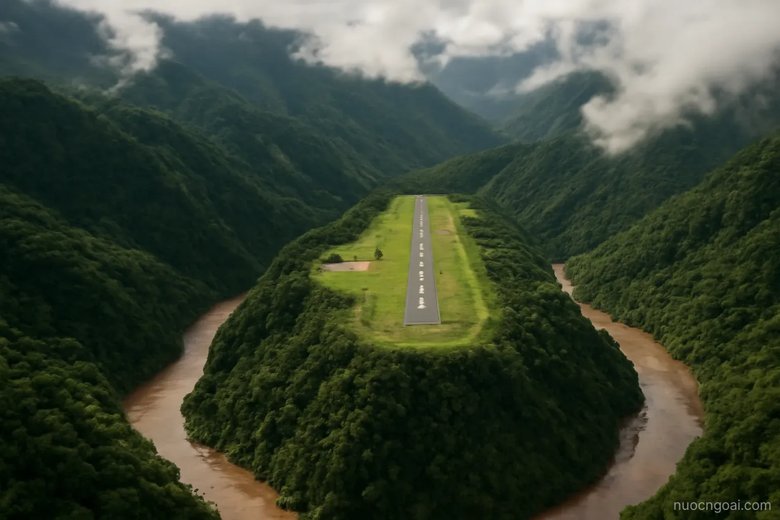 Steep forested ridges cut by muddy rivers, a single airstrip on a cleared terrace between cloud banks