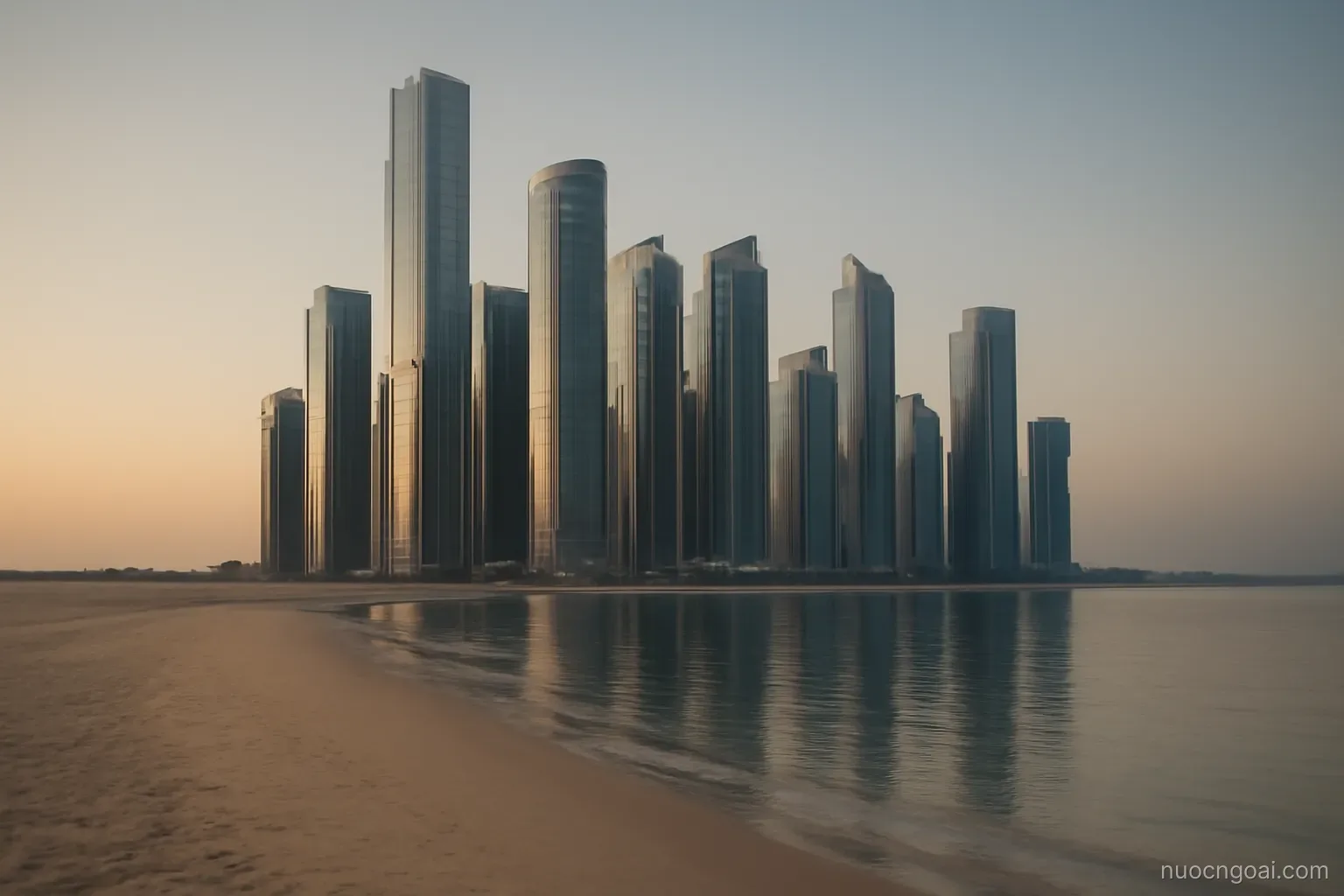 Dense cluster of glass towers rising abruptly from flat coastal sand beside a calm gulf at dawn