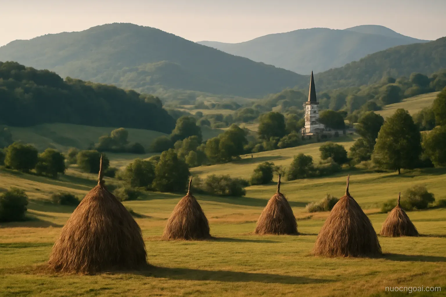 Rolling farmland below wooded Carpathian foothills, haystacks and a single church spire in soft light