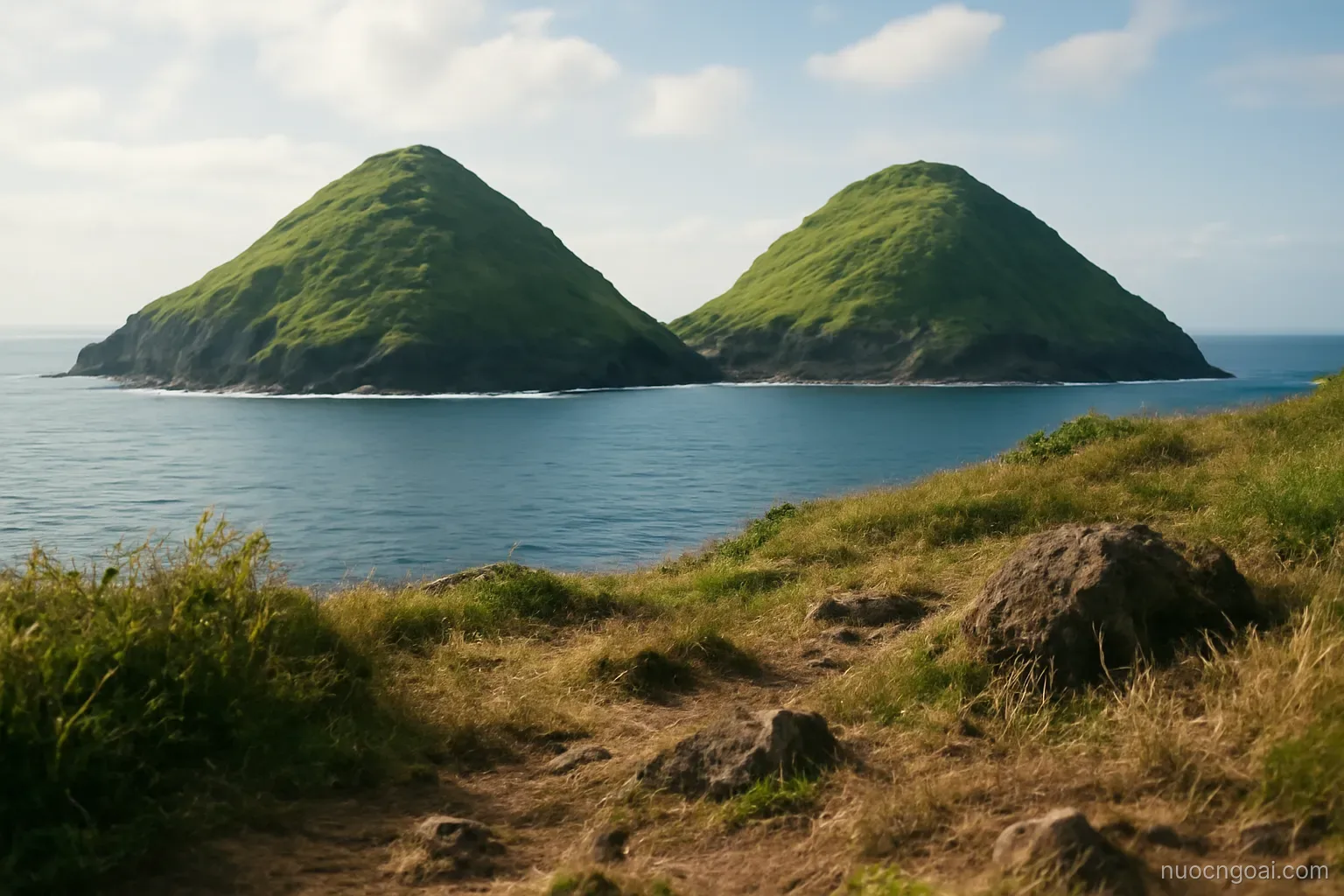 Two green volcanic islands separated by a narrow channel seen from a low coastal headland