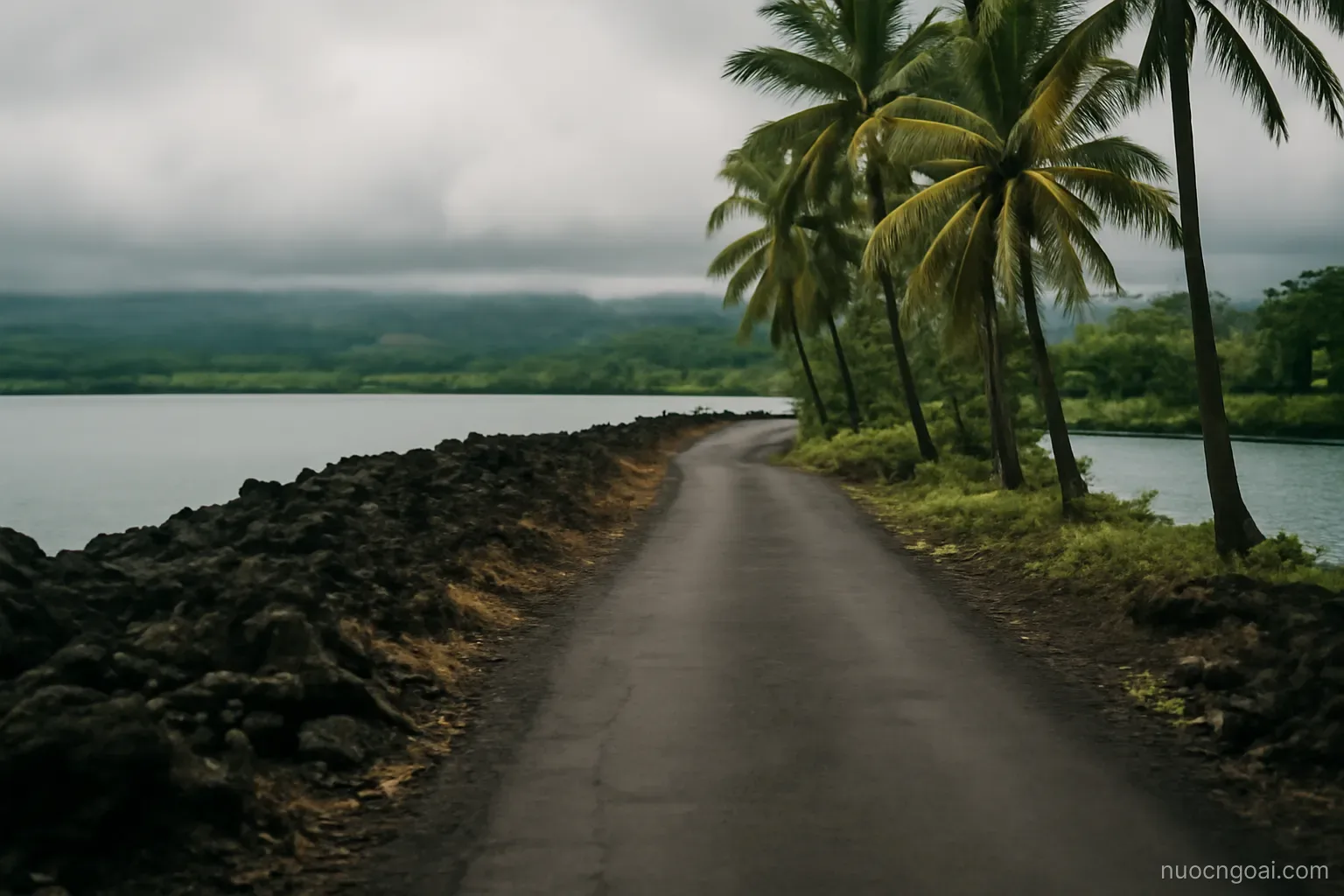 A narrow coastal road between black volcanic rock and a wide lagoon, coconut palms and low cloud