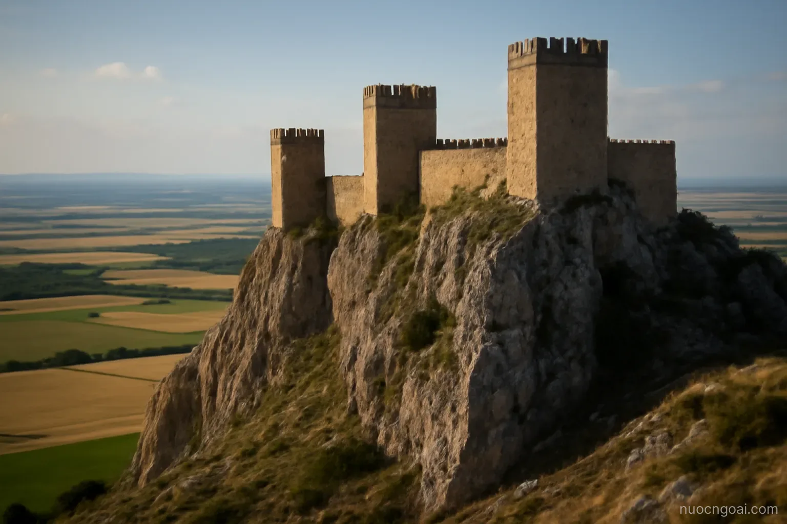 Three fortified towers on a limestone crag rising abruptly above a wide plain of farmland