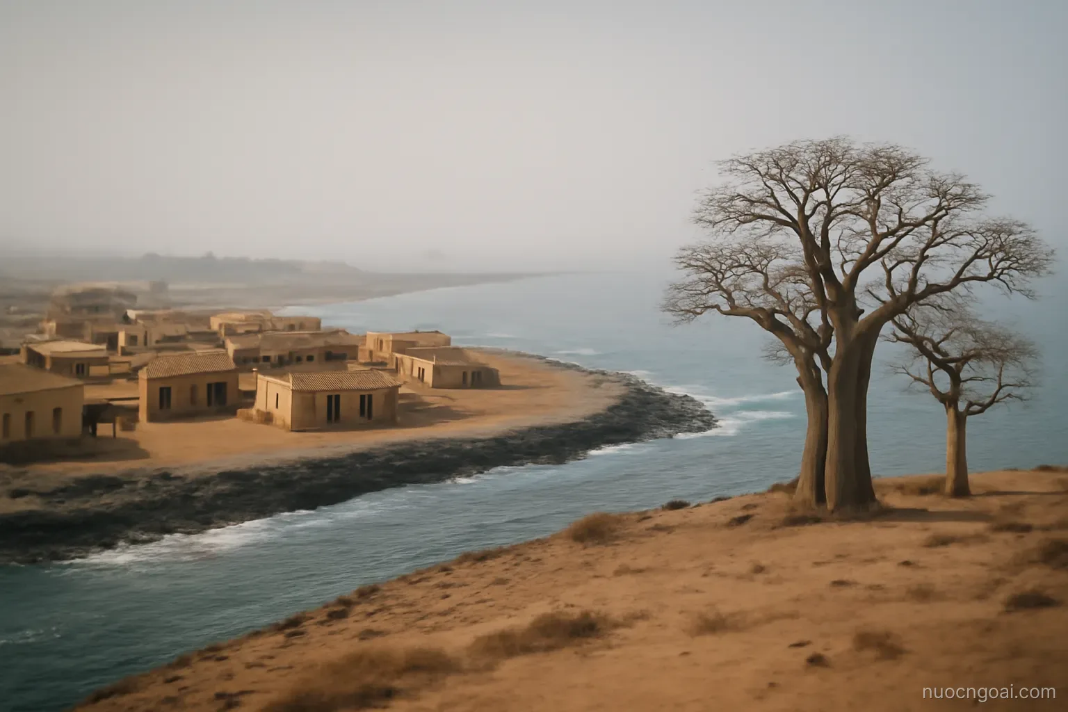 A dry peninsula of low ochre buildings meeting the Atlantic, baobabs and a long breakwater under haze