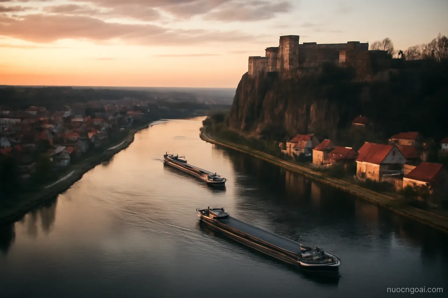 Two rivers meeting below a fortress bluff, low red roofs and cargo barges on the water at dusk