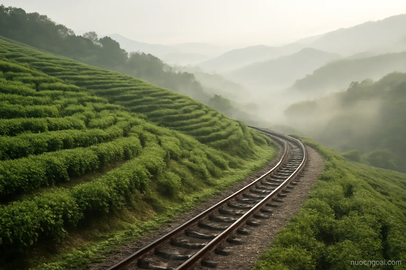 Terraced tea slopes descending into misty valleys, a narrow railway curving along the hillside