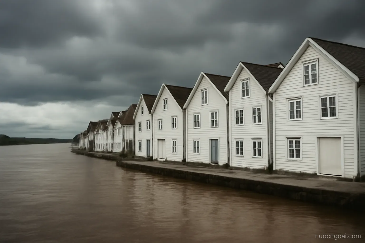 A waterfront row of white timber buildings beside a broad muddy river under heavy grey cloud