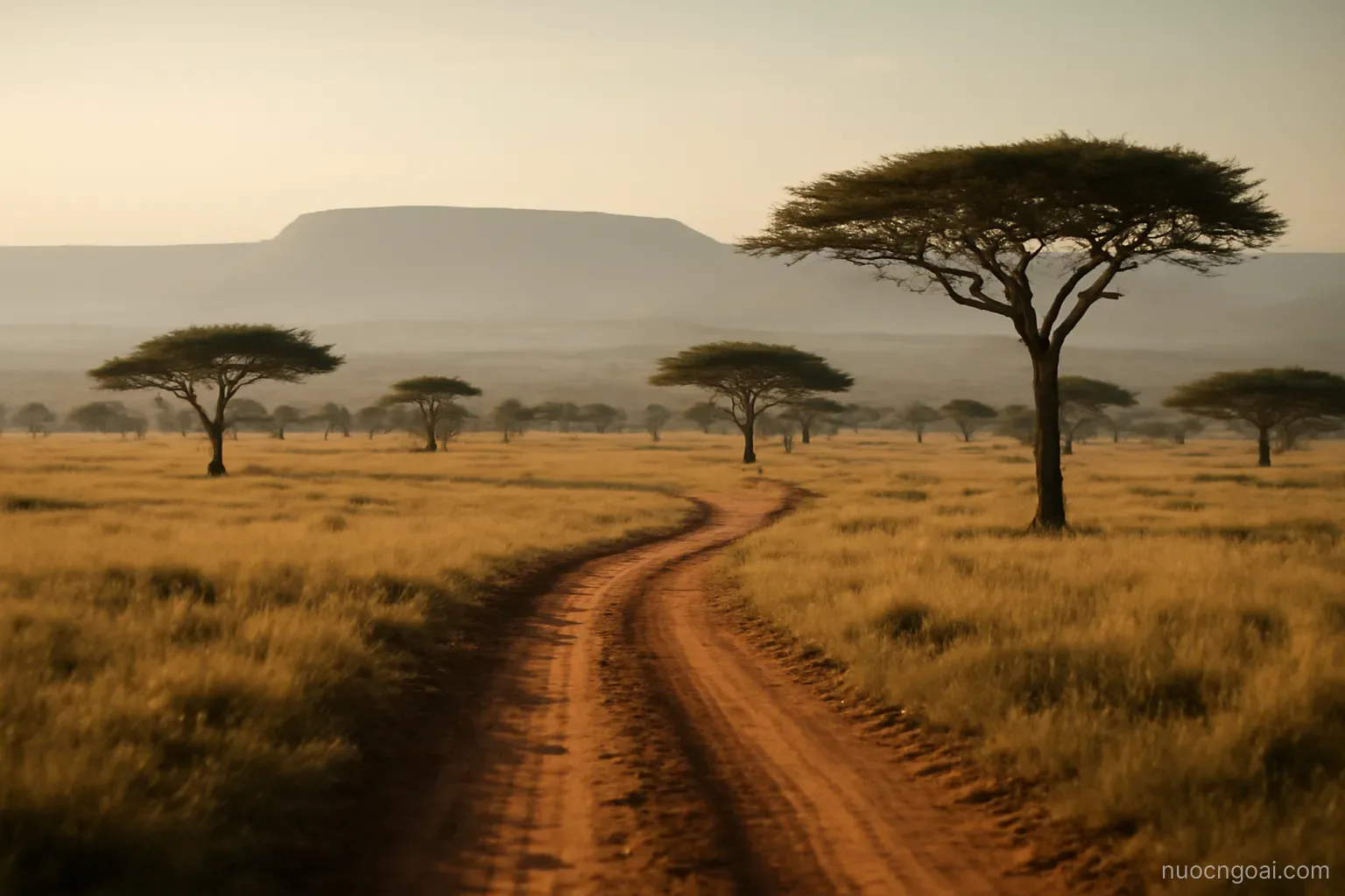 A wide savanna plain meeting a hazy escarpment, flat-topped acacias and a dirt track in morning light