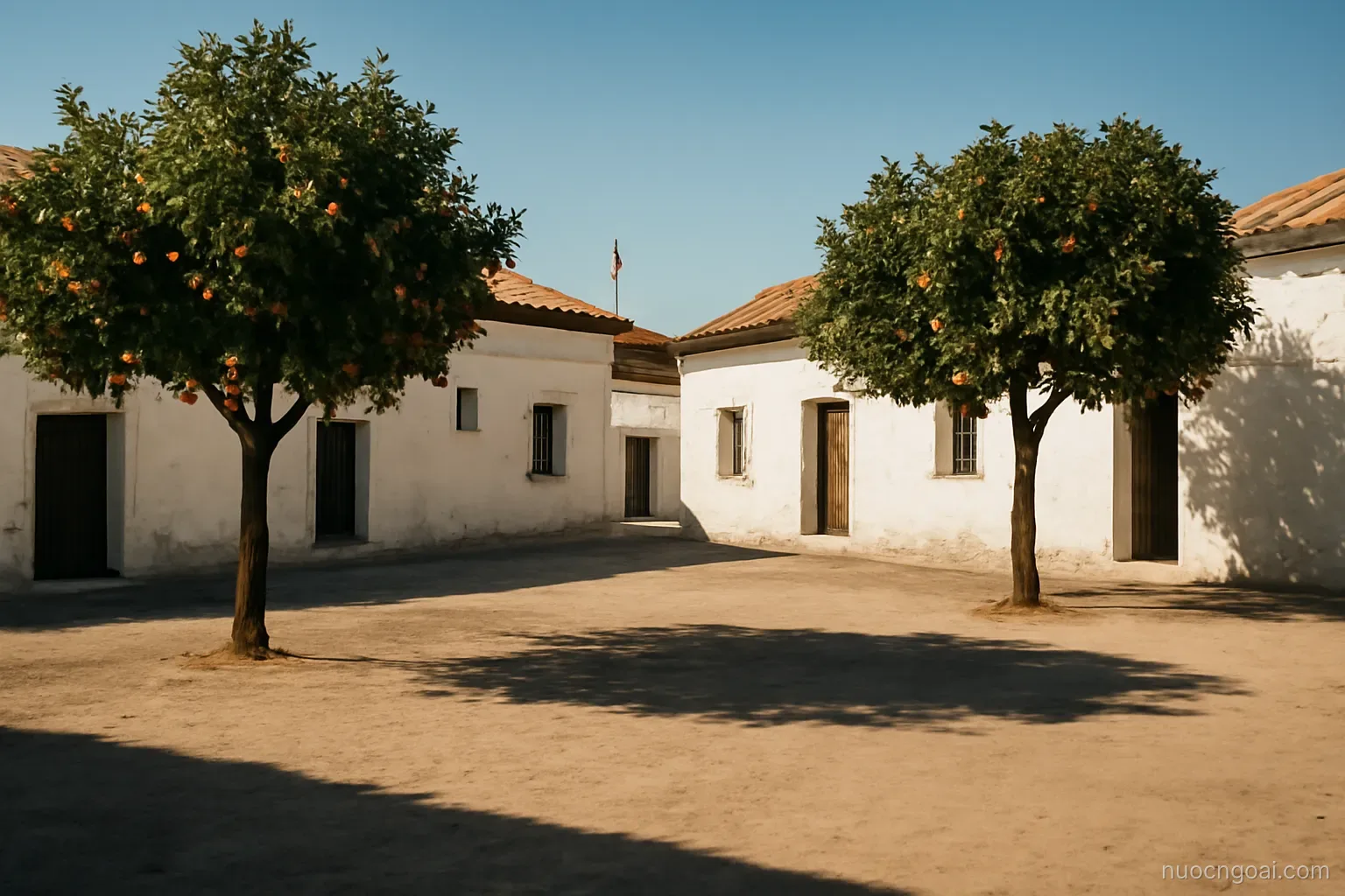 Whitewashed low houses around a dusty plaza, orange trees and long shadows under a hard blue sky
