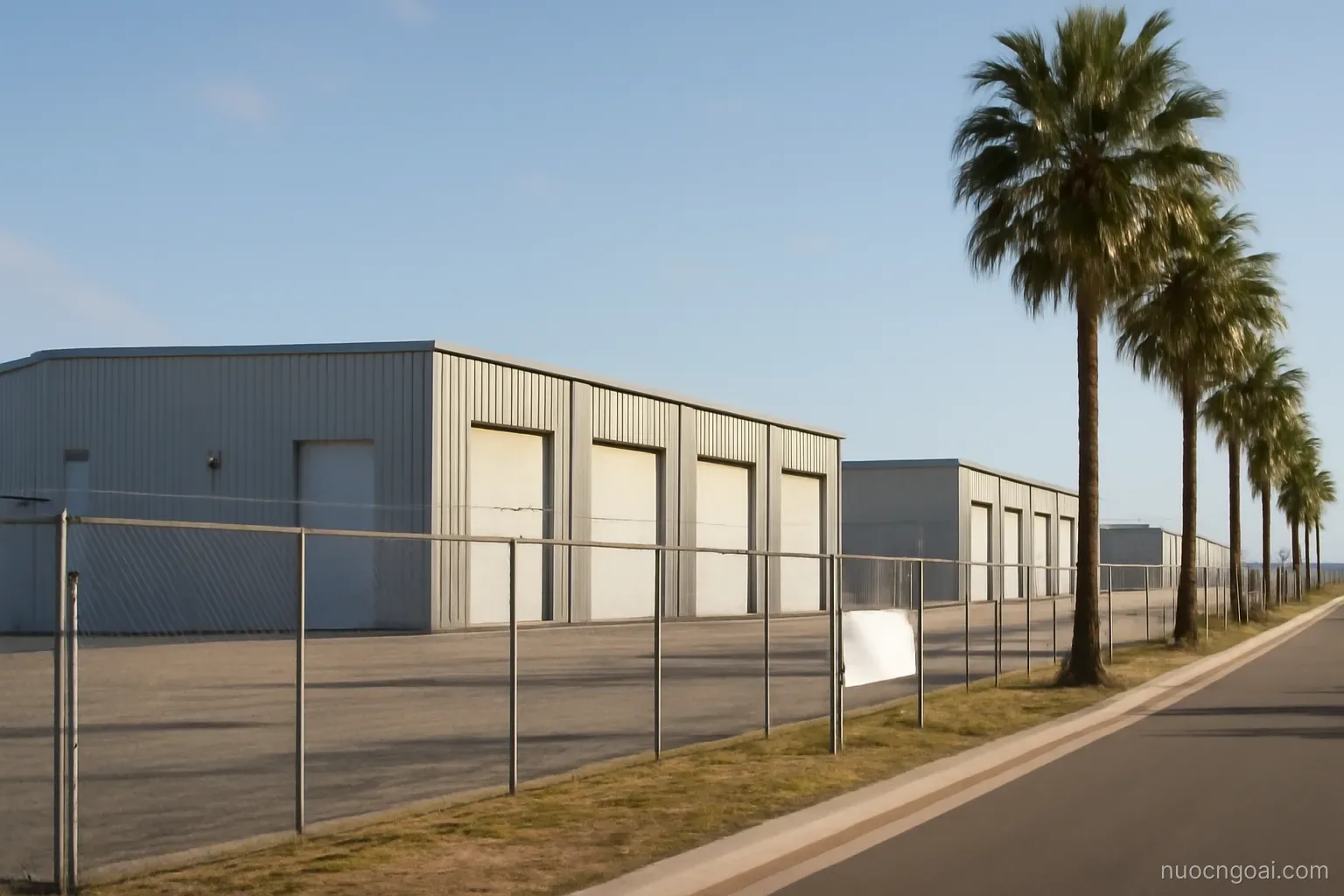 A fenced industrial yard of new warehouses on flat coastal ground with palm trees along the perimeter road