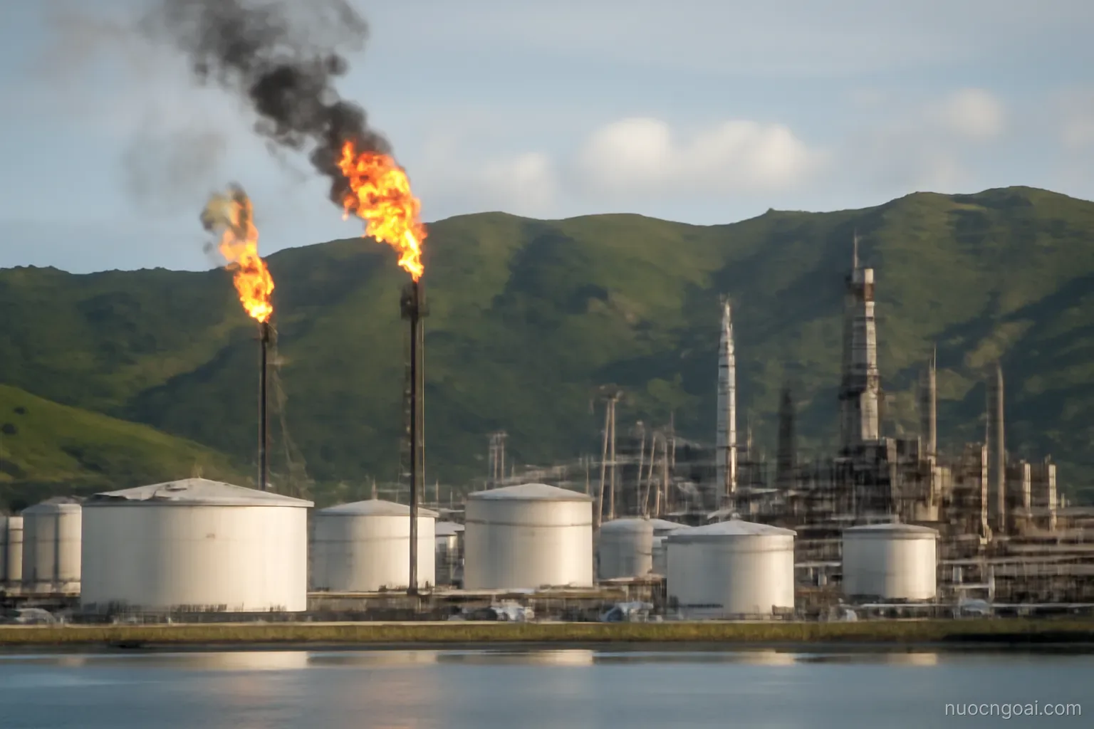 Industrial flare stacks and storage tanks along a working bay, green hills rising close behind