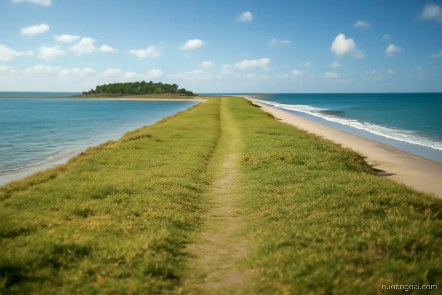 A flat open grass strip crossing a narrow island from lagoon shore to ocean shore under bright sky
