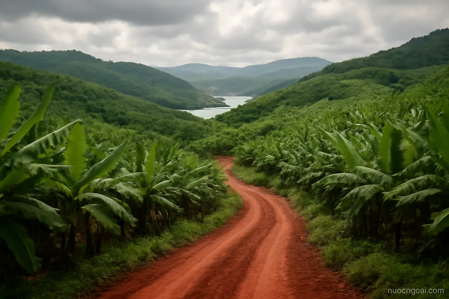 Rolling green hills of banana groves and red soil roads, a lake glinting between ridges under cloud