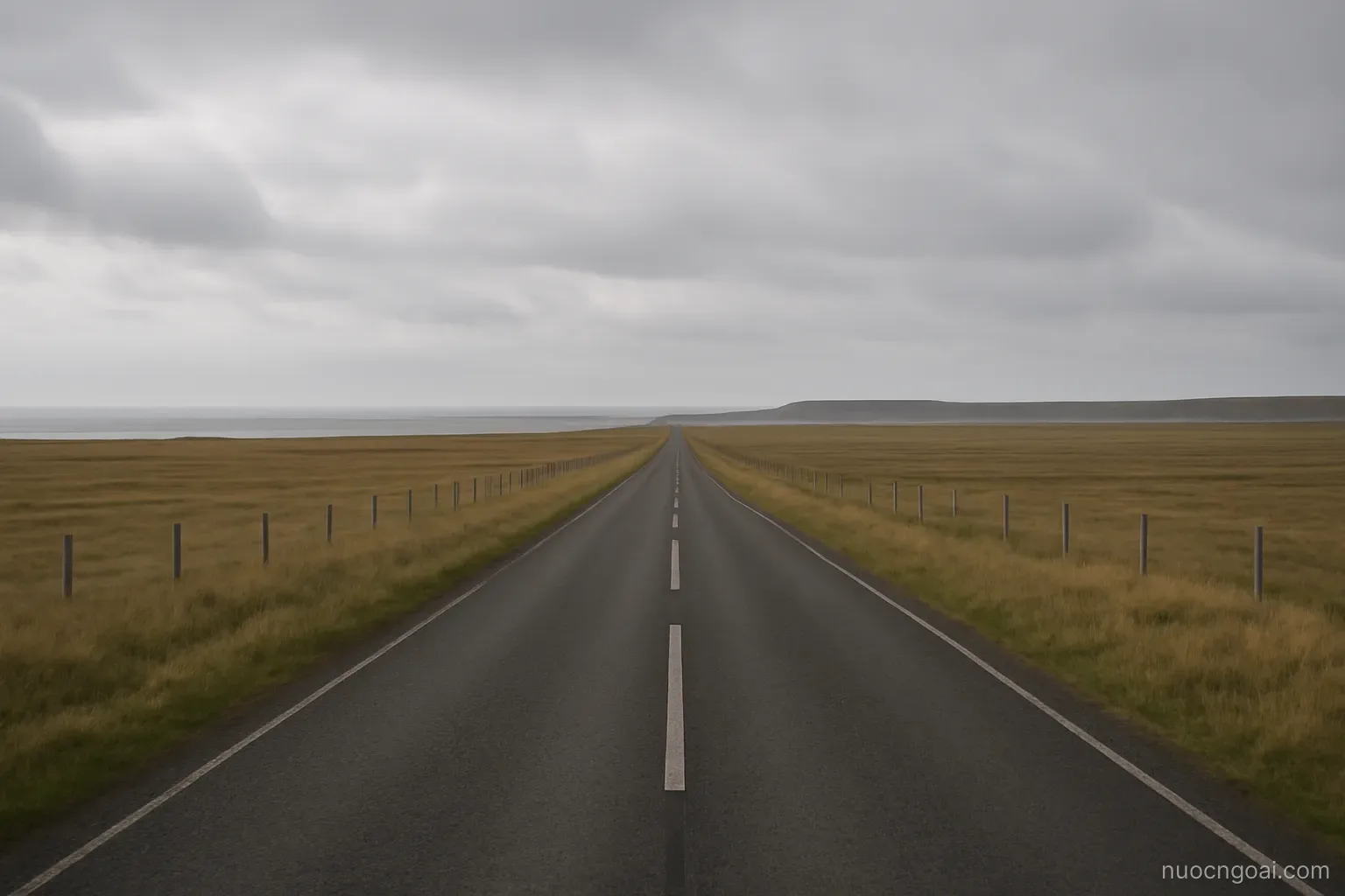 Flat grassland running to a low coast, cattle fences and a long empty road under wide grey sky