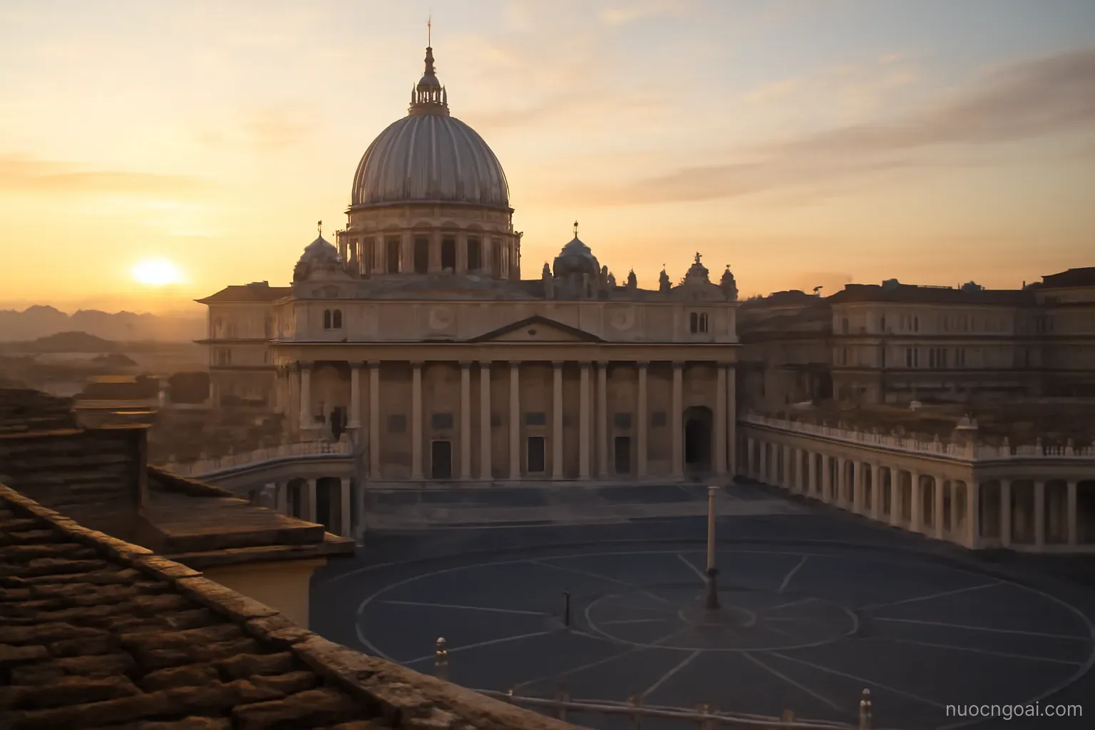A domed basilica above a colonnaded oval square seen from a high rooftop at dawn