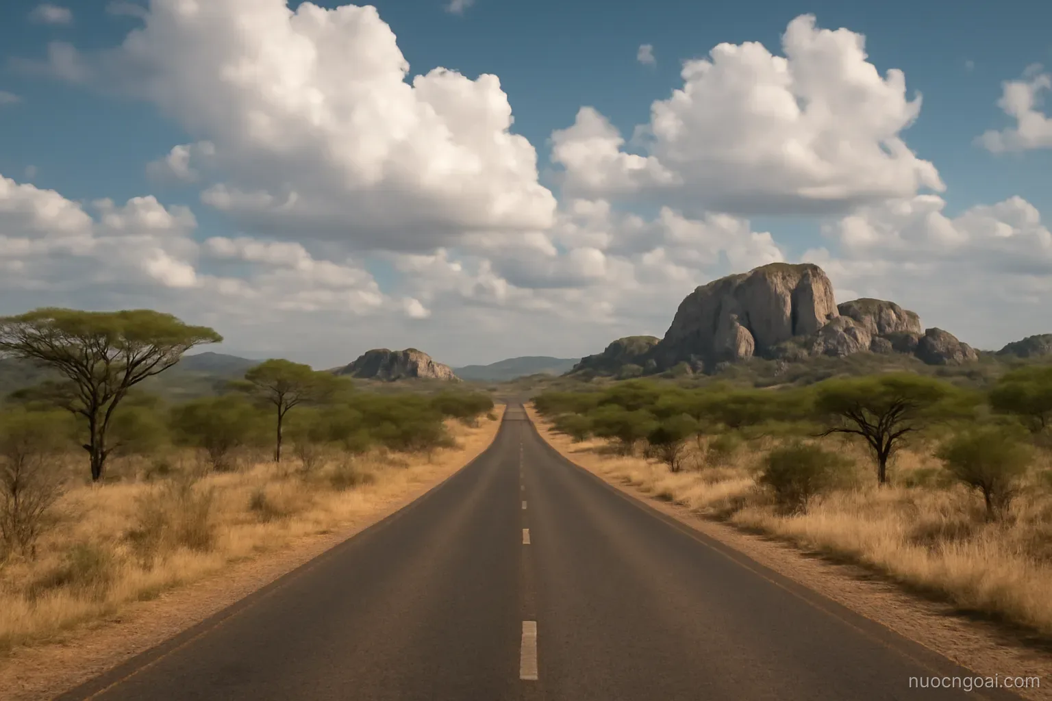 A high plateau of msasa woodland and granite outcrops, a straight road under tall afternoon cloud