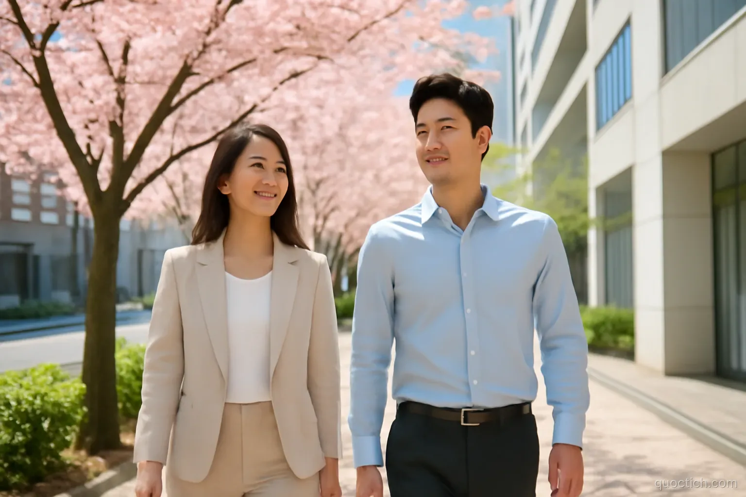 Two Vietnamese young professionals in light business clothes walking under blooming cherry trees along a modern Tokyo office street, medium shot, soft pink and clean white, bright spring sunshine
