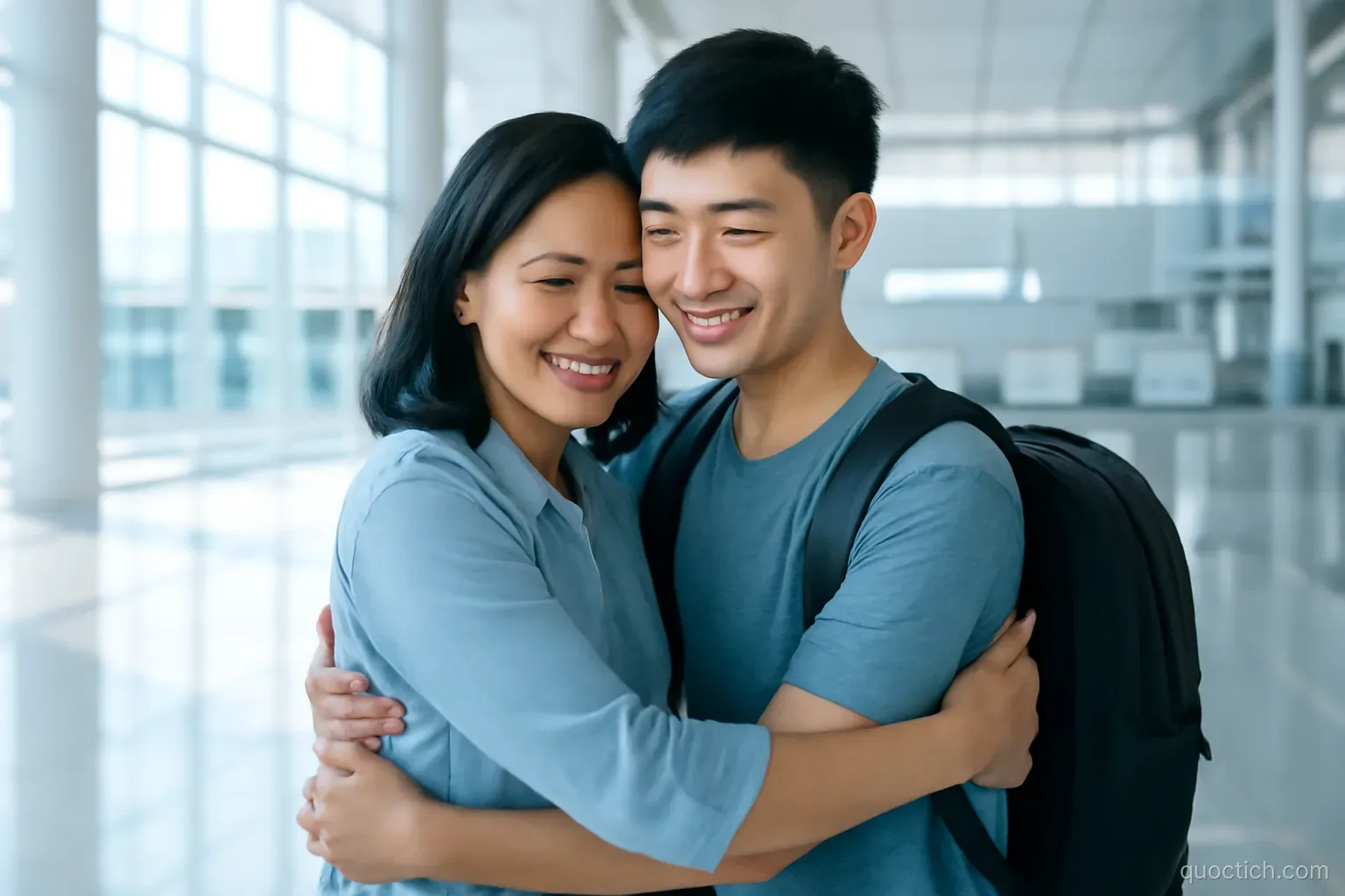 Vietnamese mother hugging her teenage son with a backpack in the bright modern departure hall of Tan Son Nhat airport, medium shot, white and soft blue tones, sunlight through glass