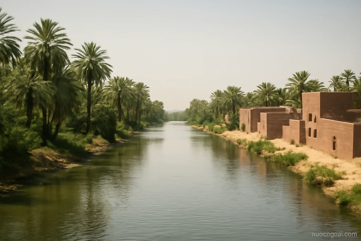 A wide slow river between palm groves and low brick buildings under a pale hot sky