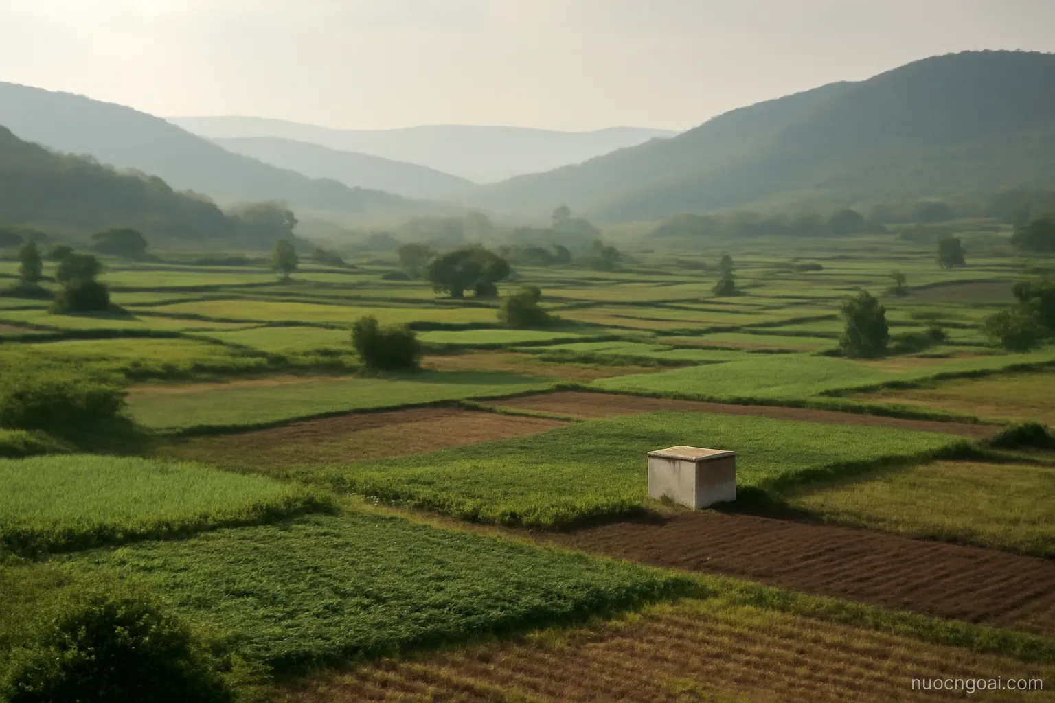 A rolling upland basin of small farm plots with low hills fading into haze beyond