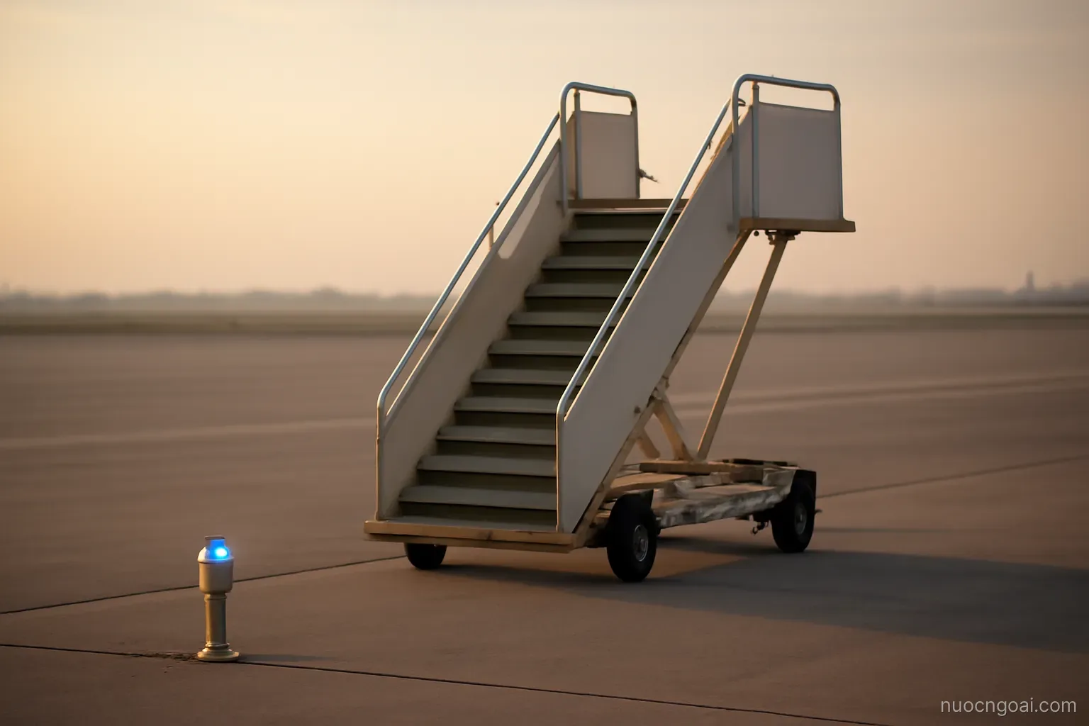 A sand-coloured airport apron at dawn with an empty boarding stair rolled beside a taxiway edge light