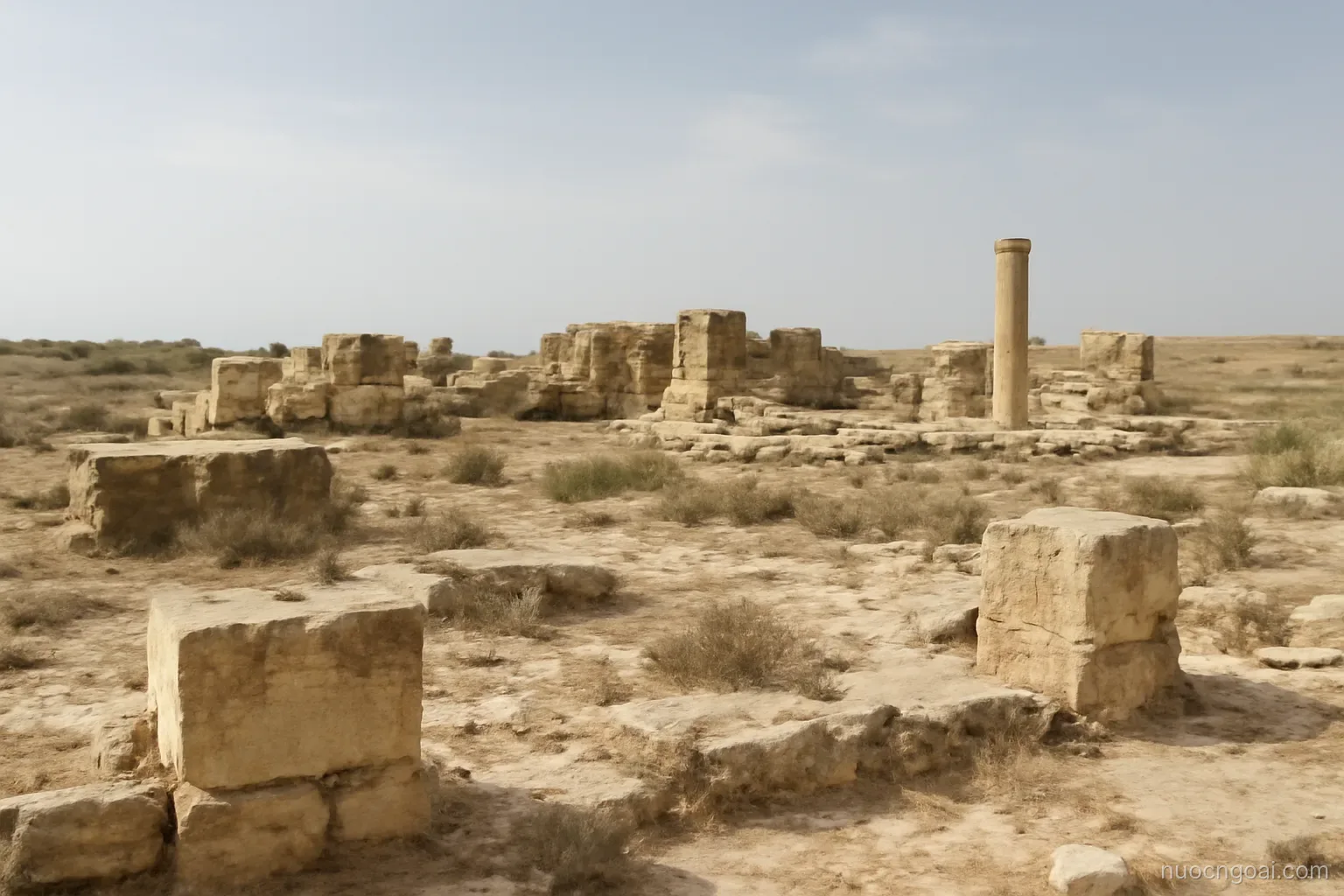 A dry plateau of pale stone ruins and low scrub under a wide bleached sky