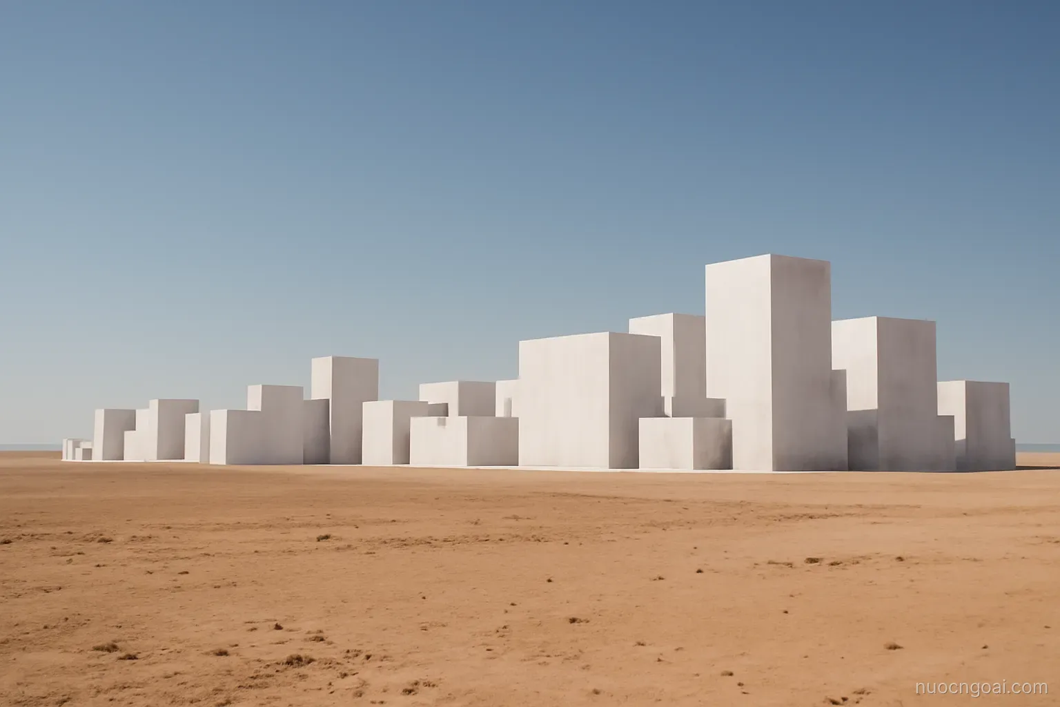 A wide desert plain meeting white marble blocks of a planned city under a hard cloudless sky