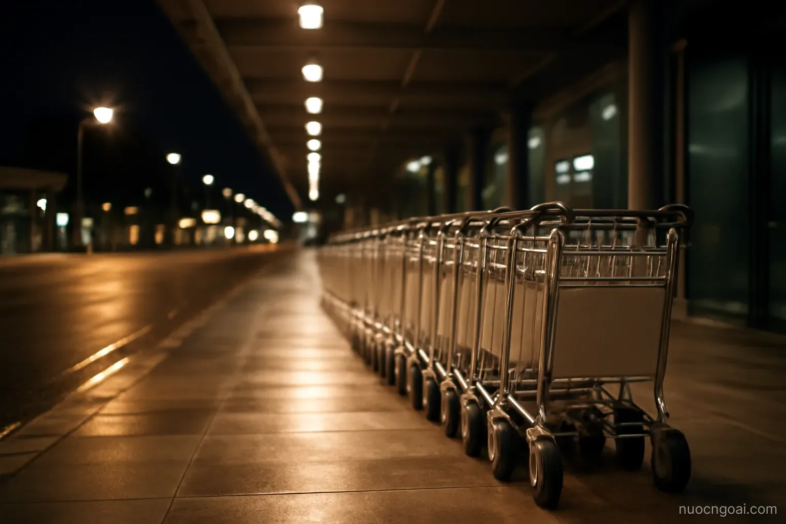 An airport departure kerb at night with empty luggage trolleys lined beneath a covered walkway