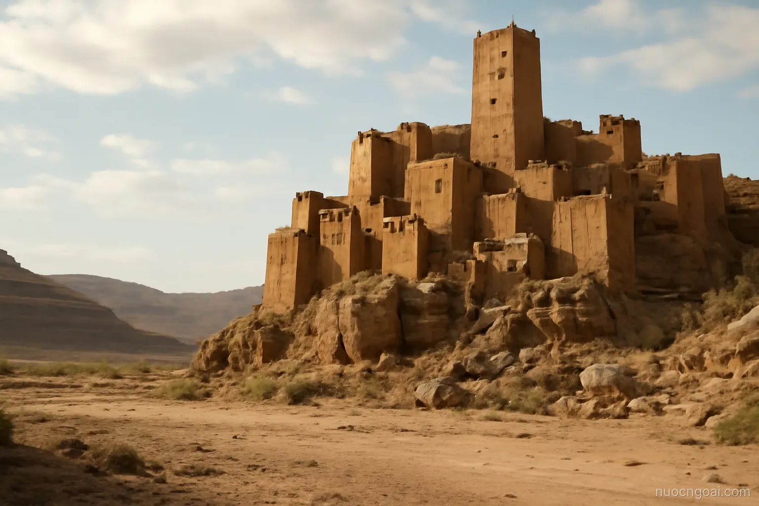 Tall mud-brick tower houses packed on a rocky outcrop above a dry valley floor